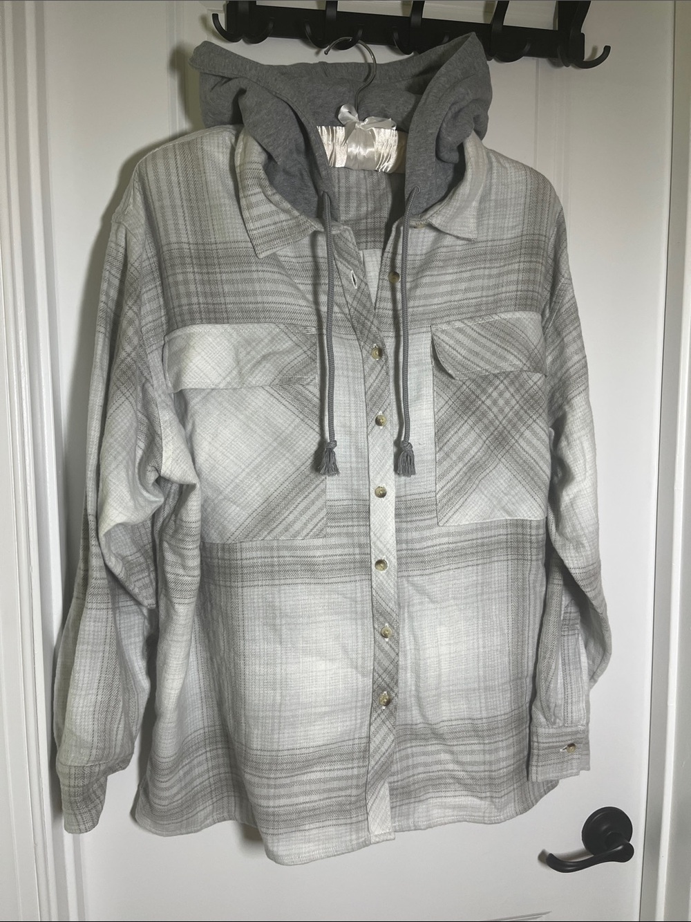 Arizona Jean Company Men's Gray Plaid Button-Up Shirt with Attached Hood